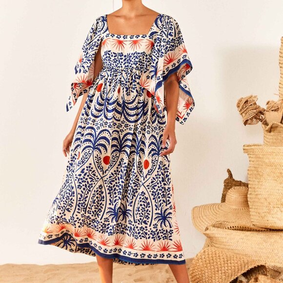 FARM Rio Dresses & Skirts - FARM Rio Blue, White & Orange Printed Midi Dress